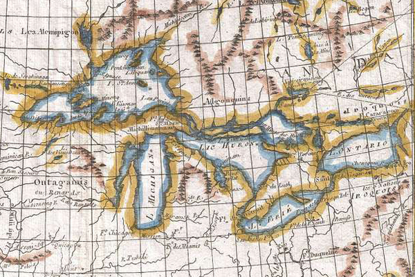 Rigobert Bonne and Guilleme Raynal’s 1780 map of Great Lakes On this map, the sizes and shapes of the lakes is closer to how we see them today