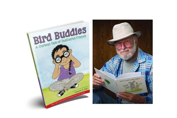 image with book cover on the left and photo of author on right