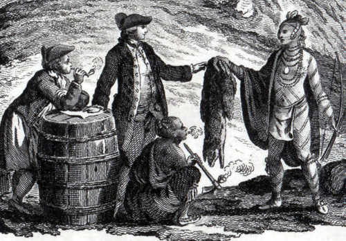 an engraving or drawing made in 1777 showing the trading of furs in Canada