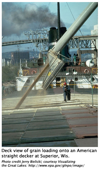Deck view of grain loading onto an American straight decker at Superior, Wis. Photo credit: Jerry Bielicki; courtesy Visualizing the Great Lakes: www.epa.gov/ginpo/image/ Deck view of grain loading onto an American straight decker at Superior, Wis. Photo credit: Jerry Bielicki; courtesy Visualizing the Great Lakes: www.epa.gov/ginpo/image/