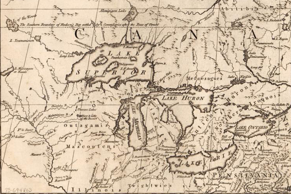 a hand-drawn map from about 1755 showing the Great Lakes at their inhabitants