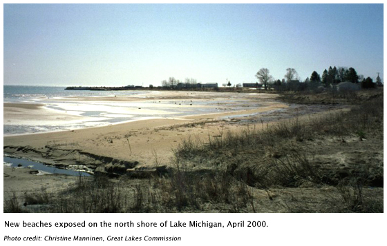 New beaches exposed on the north shore of Lake Michigan (April 2000). Photo Credit: Christine Manninen, Great Lakes Commission New beaches exposed on the north shore of Lake Michigan (April 2000). Photo Credit: Christine Manninen, Great Lakes Commission