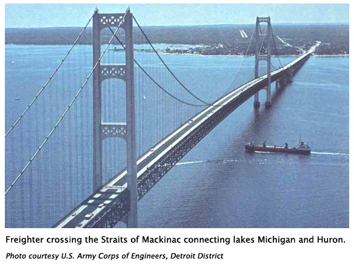 Freighter crossing of Straits of Mackinac connecting lakes Michigan and Huron. Photo courtesy U.S. Army Corps of Engineers, Detroit District Freighter crossing of Straits of Mackinac connecting lakes Michigan and Huron. Photo courtesy U.S. Army Corps of Engineers, Detroit District
