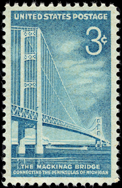 1958 postage stamp reproduction of the blue-tinted carving of the famous bridge printed on a postage stamp