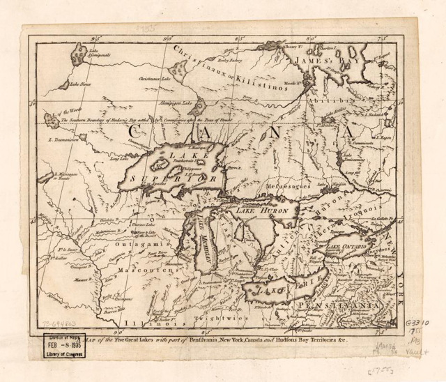 a hand-drawn map from about 1755 showing the Great Lakes and their inhabitants