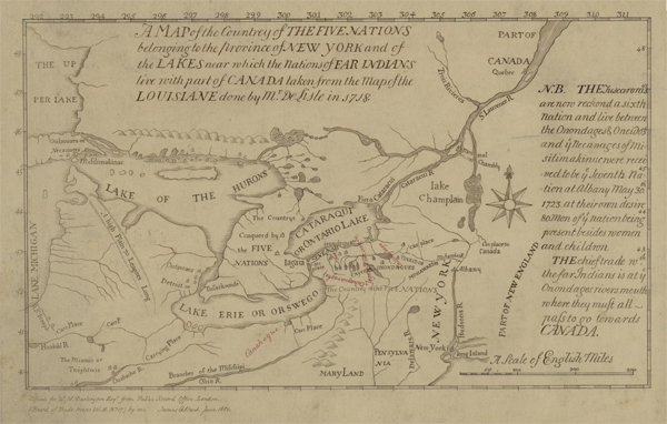 a hand-drawn map showing the locations of the Five Nations in 1730