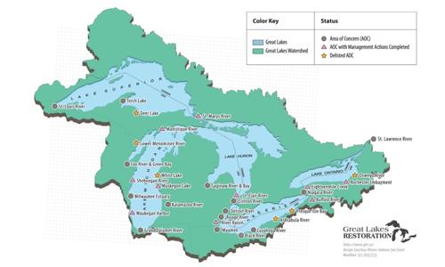 map showing the location of Areas of Concern around the Great Lakes